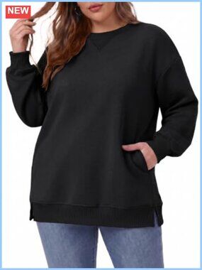 Plus Size Oversized Crew Neck Sweatshirt Tunic Slits Pockets